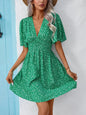 Women's summer new V-neck mid sleeve printed high waisted floral pleated dress eprolo