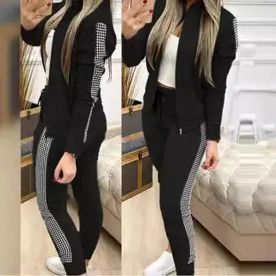 Autumn and Winter New Long Style Sports and Leisure Zipper Splicing Grid Set for Women's Clothing eprolo