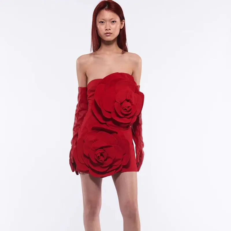 Red strapless skirt three-dimensional flower dress eprolo