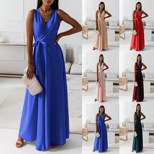 New women's solid color V-neck dress long skirt dress eprolo