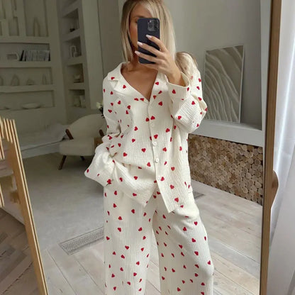 Love printed comfortable long sleeved long pants sleepwear two-piece set for women's home wear eprolo