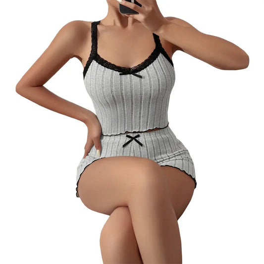 Fashion spring and summer bow suspender top shorts set eprolo