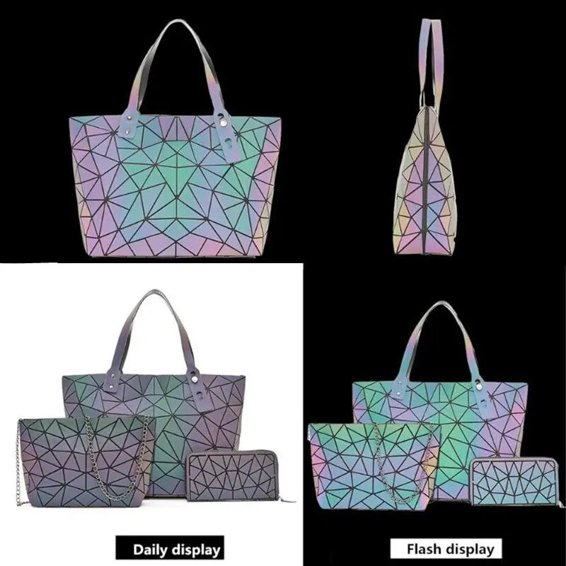 Luminous Bags for Women set folding Totes Geometric splice Lady Hand bags Chain Shoulder Bags Holographic purse eprolo