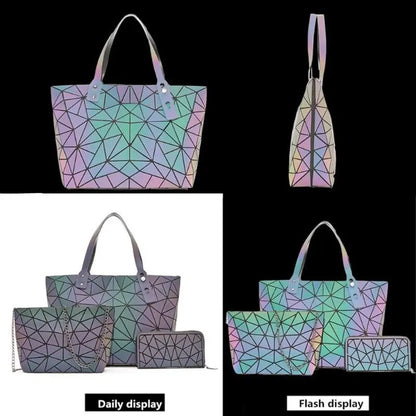 Luminous Bags for Women set folding Totes Geometric splice Lady Hand bags Chain Shoulder Bags Holographic purse eprolo