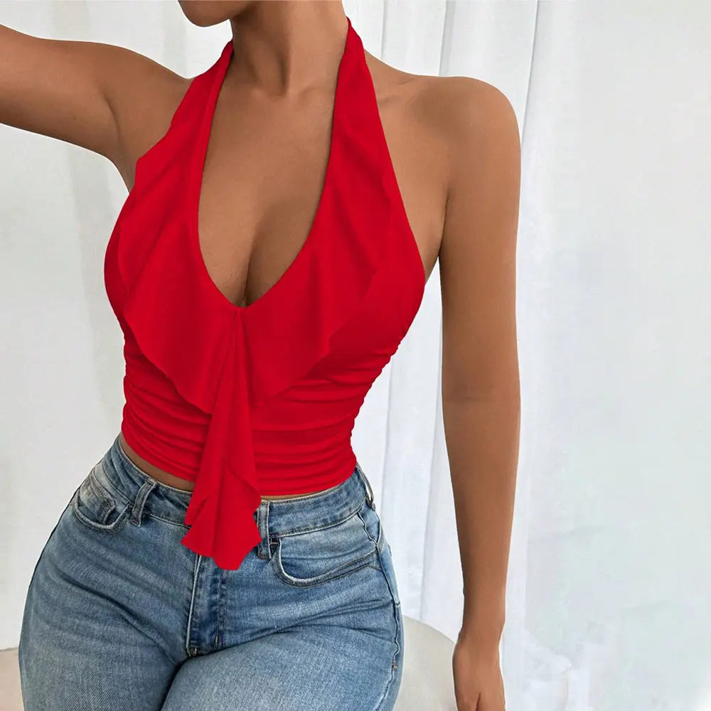 Women's sexy neck hanging red vest with backless design short top eprolo