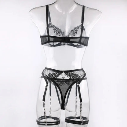 Fashion New Style With Metal Chain Embroidery Sexy Underwear Four-Piece Set With Leg Girt eprolo