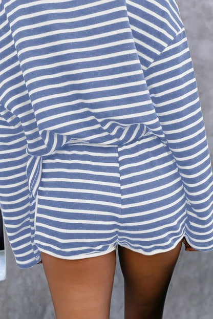 White Blue Striped Lounge Long Sleeves Shorts Set Teal Demeter