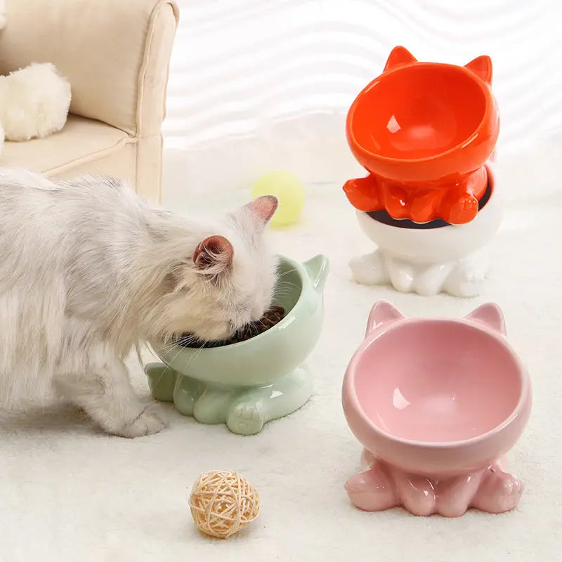 Ceramic Cat Bowl Cat Bowl Cat Food Bowl Neck Guard Oblique Mouth Dog Blue Strawberry