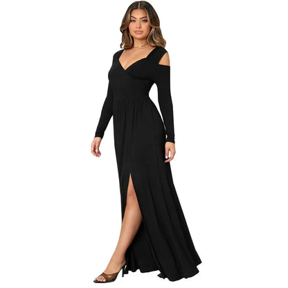 European and American women's dress with elegant temperament V-neck slit long skirt eprolo