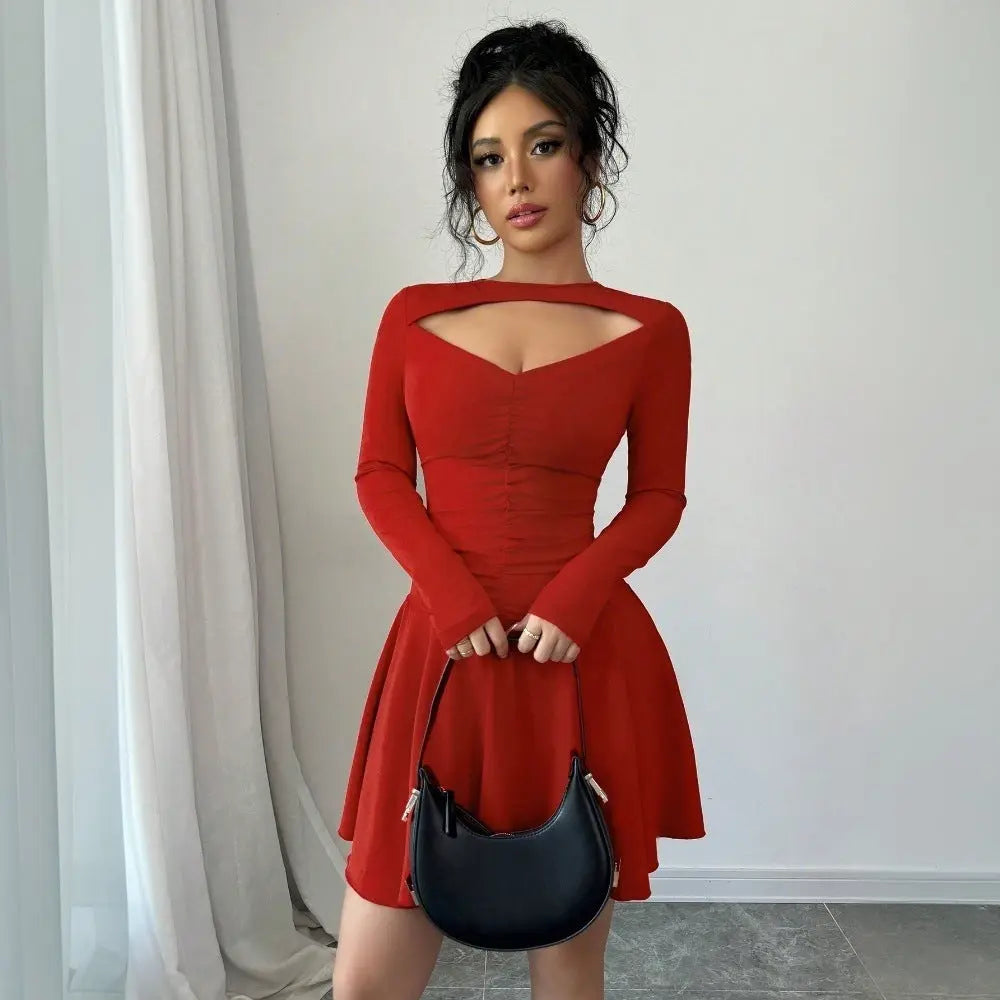 Autumn and winter European and American sexy red dress with waist cinched hollow A-line short skirt eprolo