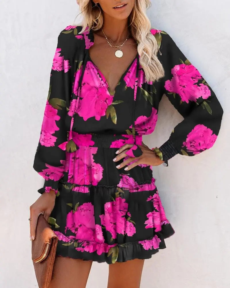 Spring and summer long sleeved V-neck fashionable printed waist cinching dress eprolo