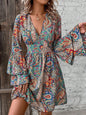 Autumn and winter new elegant women's floral print V-neck flared sleeve dress eprolo