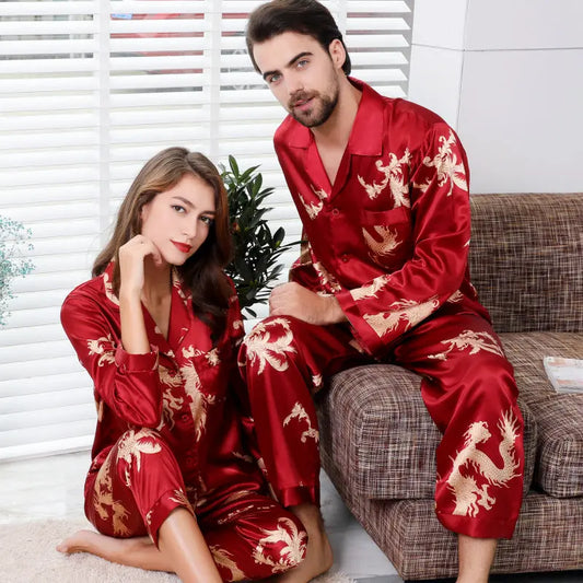 Simulated silk couple sleepwear new long sleeved set men's and women's eprolo