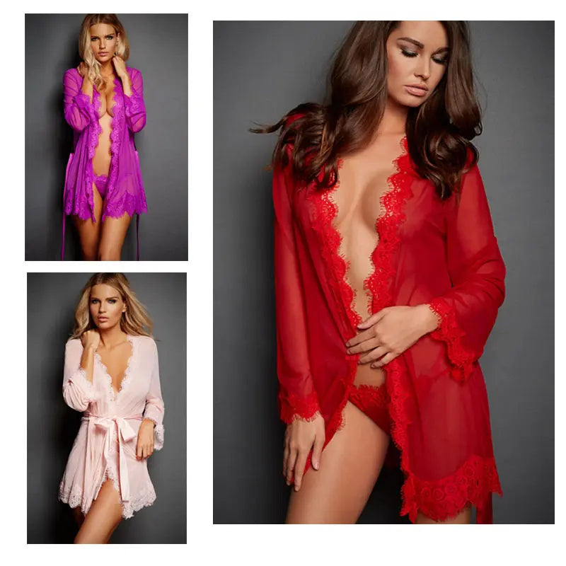 Plus Size Trim Robe Luxury Nightdress Lace Kimono Sleepwear Sexy Mesh perspective Lingerie Seductive Erotic Underwear eprolo