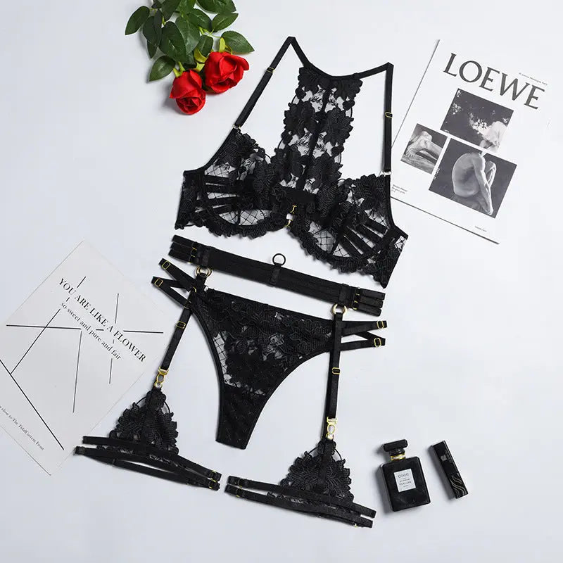 Fashion embroidery strap cross underwear gathering with steel ring four piece set eprolo