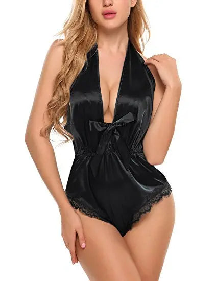 Sexy Women's Sleepwear Sexy Satin Pajama Set Black Lace V-Neck Pyjamas Sleeveless Cute Cami Top And Shorts Erotic lingerie eprolo