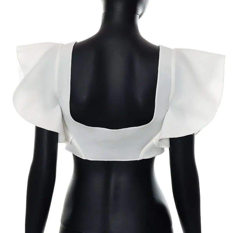 Square collar chest wrapped black fungus edge air layer white top eprolo