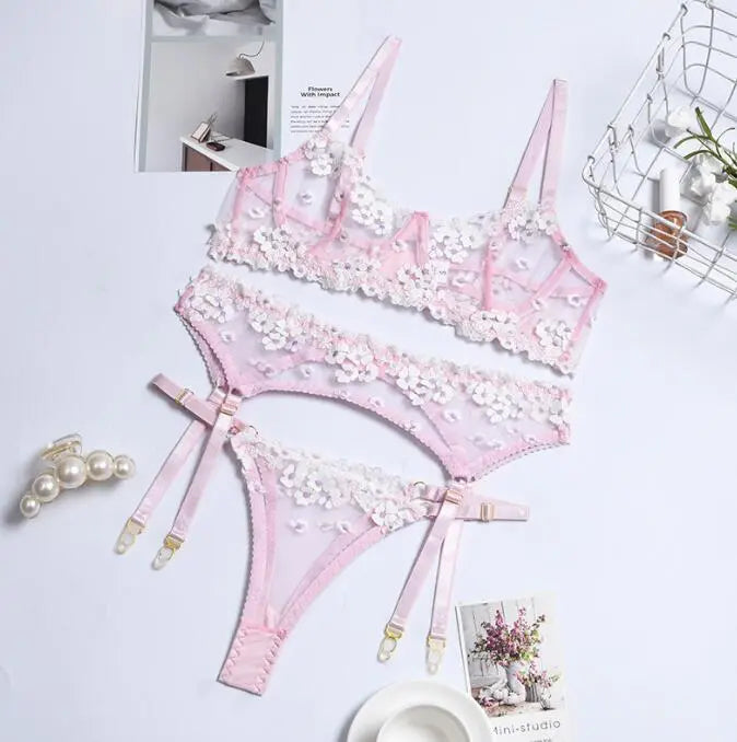 Sexy Lingerie Lace Hollow Ladies New Mini Flower Embroidery Three Pieces Set eprolo