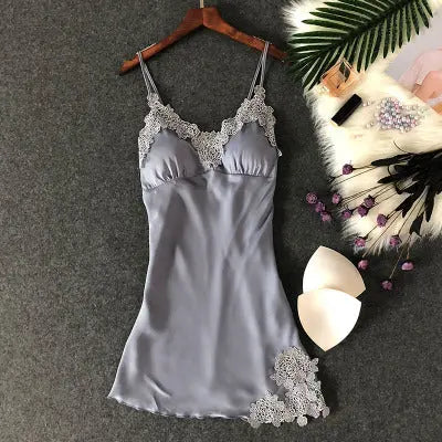 Women's Sexy Lingerie Silk Nightgown Summer Dress Lace Night Dress Sleepwear Babydoll Nightie Satin Homewear Chest Pad Nightwear eprolo