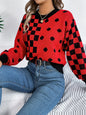 Casual contrasting polka dot checkered lantern sleeve sweater eprolo