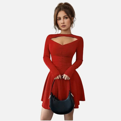 Autumn and winter European and American sexy red dress with waist cinched hollow A-line short skirt eprolo