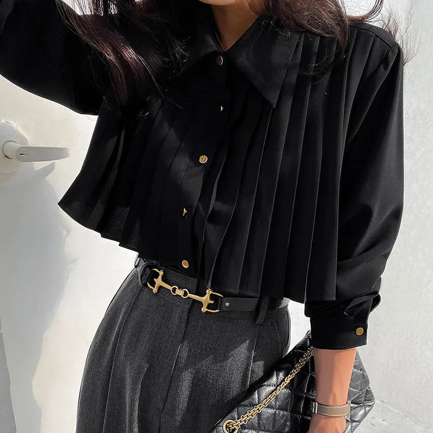 Early autumn pleated French white shirt women's long sleeved chiffon top commuting professional women's clothing eprolo