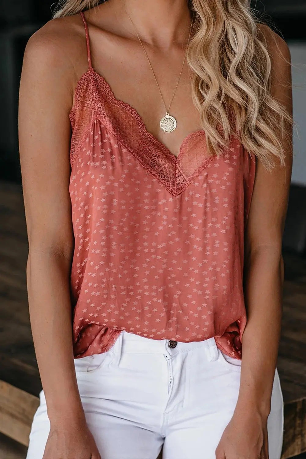 Spaghetti Strap Printed Lace Tank Top Jade