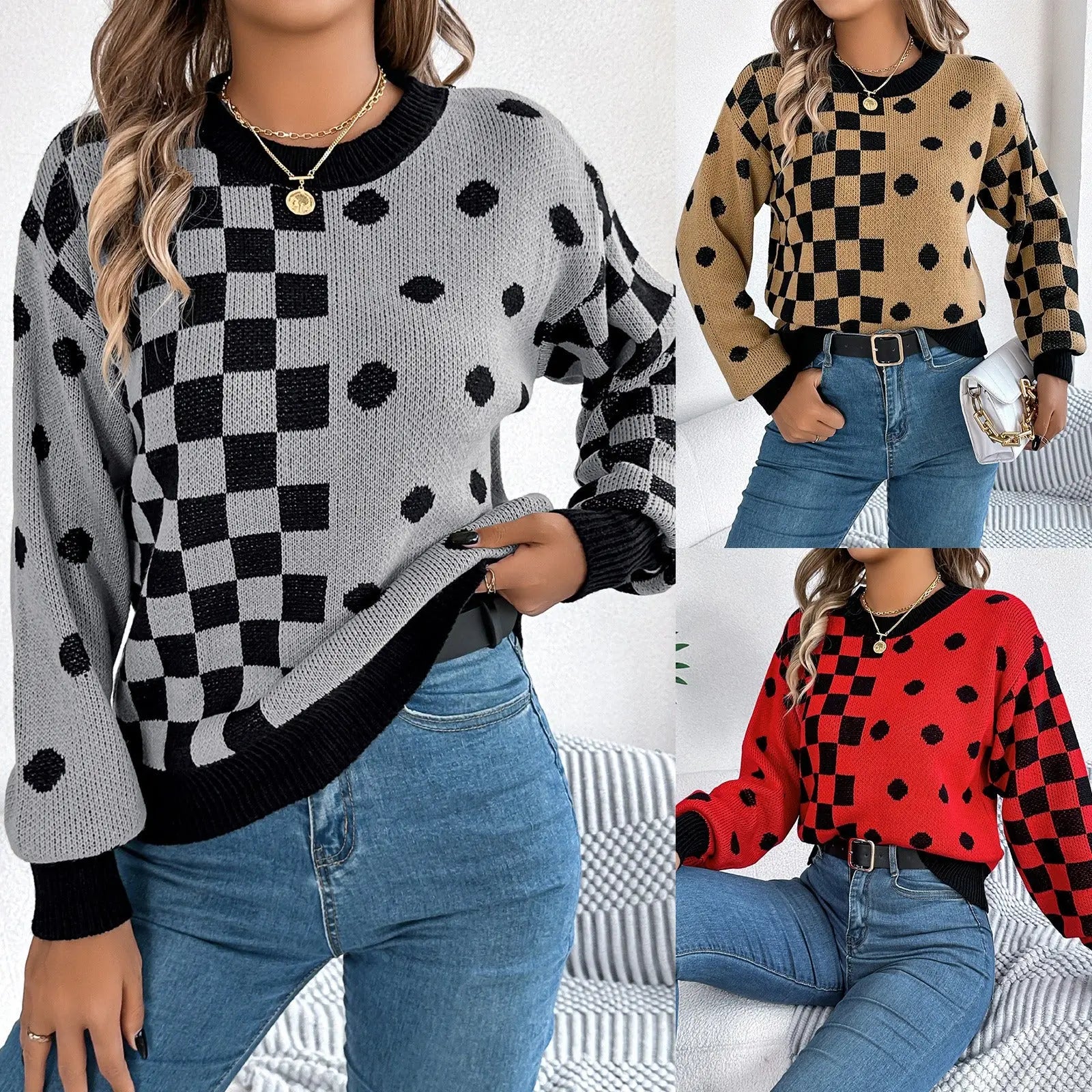 Casual contrasting polka dot checkered lantern sleeve sweater eprolo