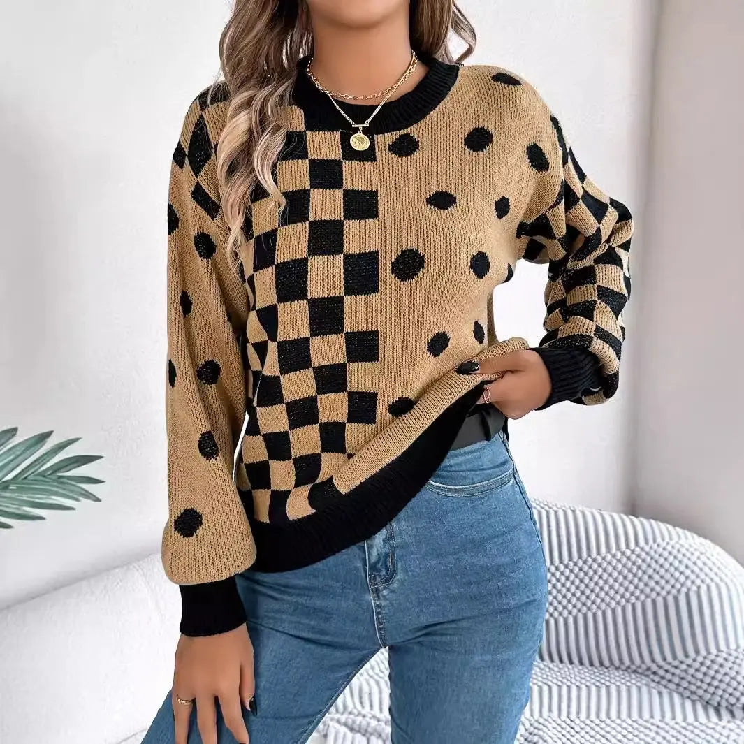 Casual contrasting polka dot checkered lantern sleeve sweater eprolo