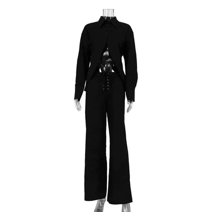 Flip collar long sleeved exposed navel design white shirt with hollowed out lace up wide leg pants two-piece set eprolo