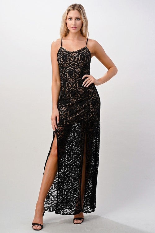 Elegant Black Lace Maxi Dress with Side Slit - My Store Women's Clothing 