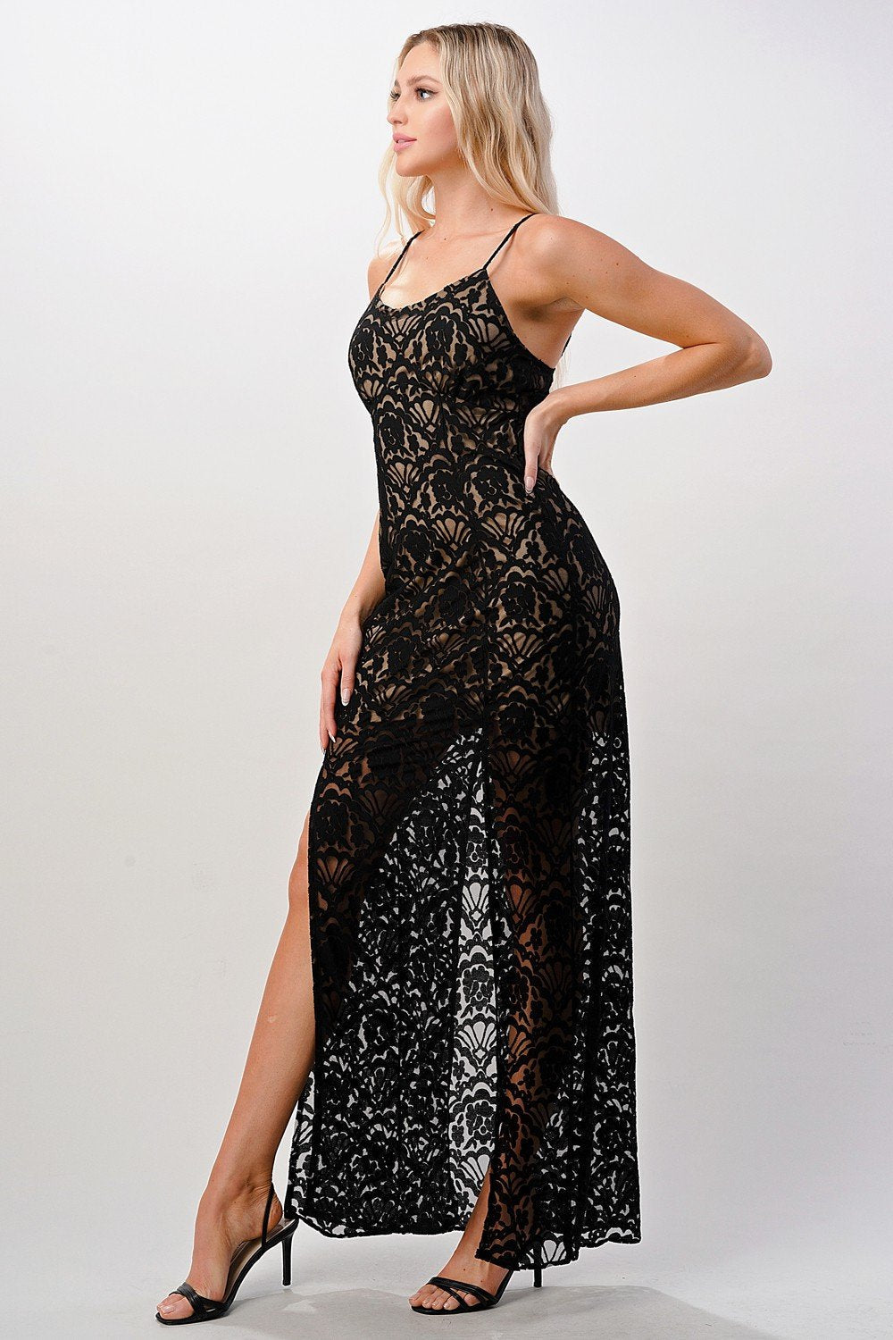 Elegant Black Lace Maxi Dress with Side Slit - My Store Women's Clothing 
