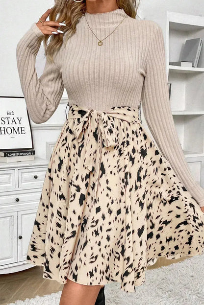 Tied Printed Mock Neck Long Sleeve Dress Coral Vanilla