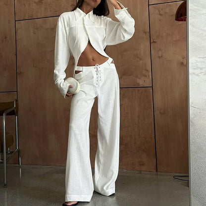 Flip collar long sleeved exposed navel design white shirt with hollowed out lace up wide leg pants two-piece set eprolo