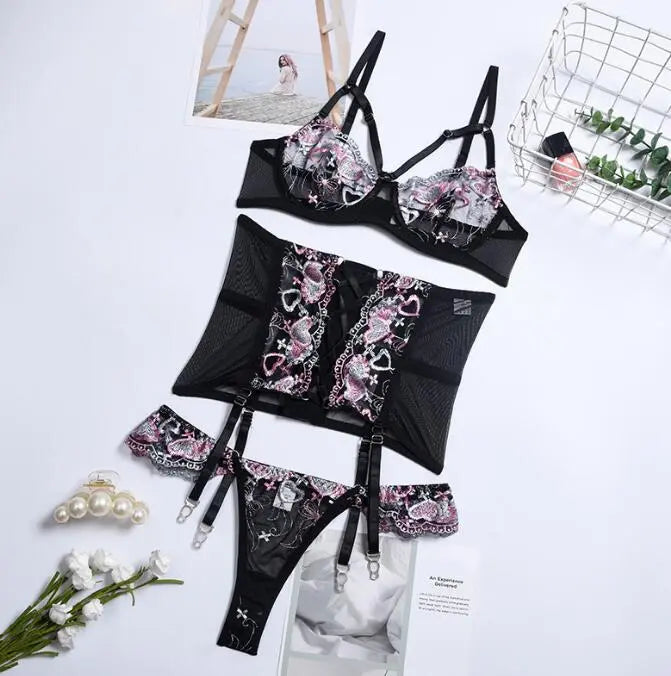 Three Pieces Female Sexy Lingerie Love Embroidery Girdle Cross Strap Sexy Lingerie eprolo