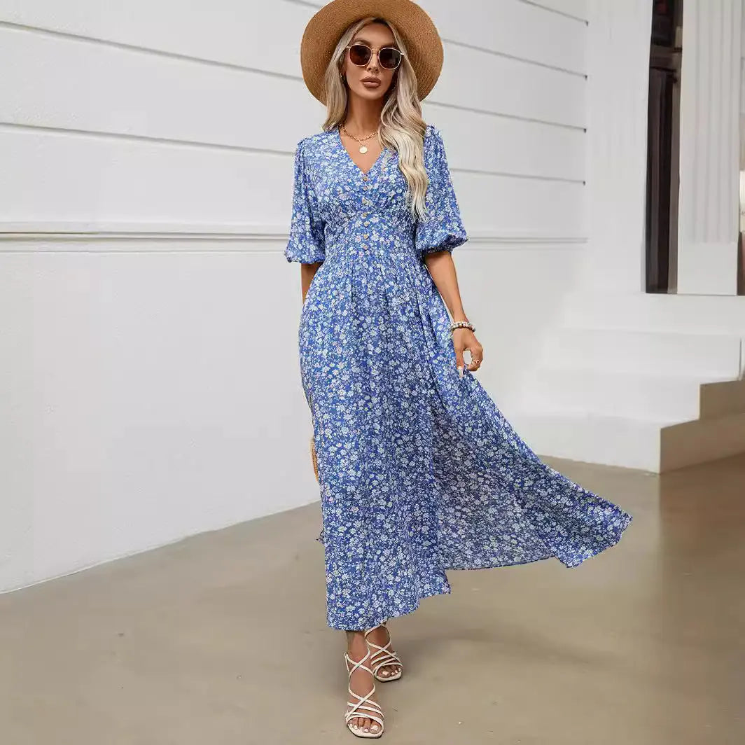 V-neck lantern sleeve waist cinched dress for beach vacation, Bohemian style beach dress eprolo