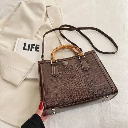 High Quality Leather Shoulder Bag For Women Luxury Alligator Handbag Designer Women Bag Retro Bamboo Handle Tote Bag Female eprolo