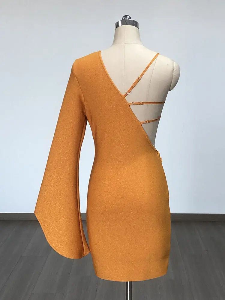 Orange flower sequin decoration chest wrapped sexy one shoulder flared long sleeved spicy bandage dress for women eprolo