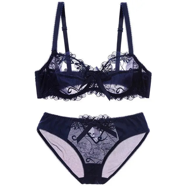 Embroidery Bras Underwear Women Set Plus Size Lingerie Sexy C D Cup Ultrathin Transparent Bra eprolo