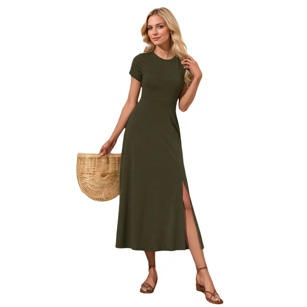 European and American women's round neck slit short sleeved mid length skirt casual vacation dress eprolo