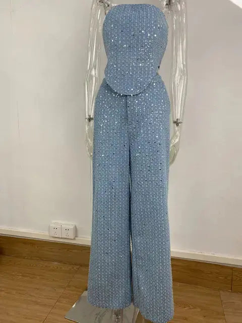 New Arrival Spring and Summer Cross-border Women's Sexy Denim Sequins Slim Fit Tube Top Wide-leg Pants eprolo