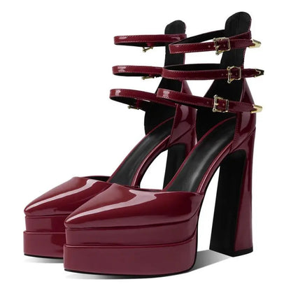 Fashion Pointed Toe Women's Shoes High Heel Hollow Sandals Waterproof Maroon Caeneus