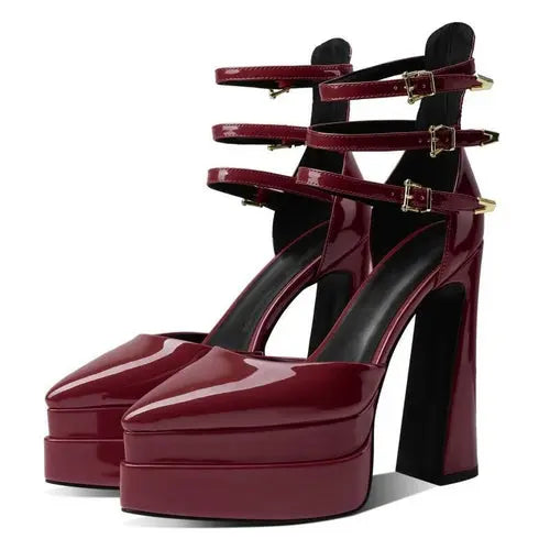 Fashion Pointed Toe Women's Shoes High Heel Hollow Sandals Waterproof Maroon Caeneus