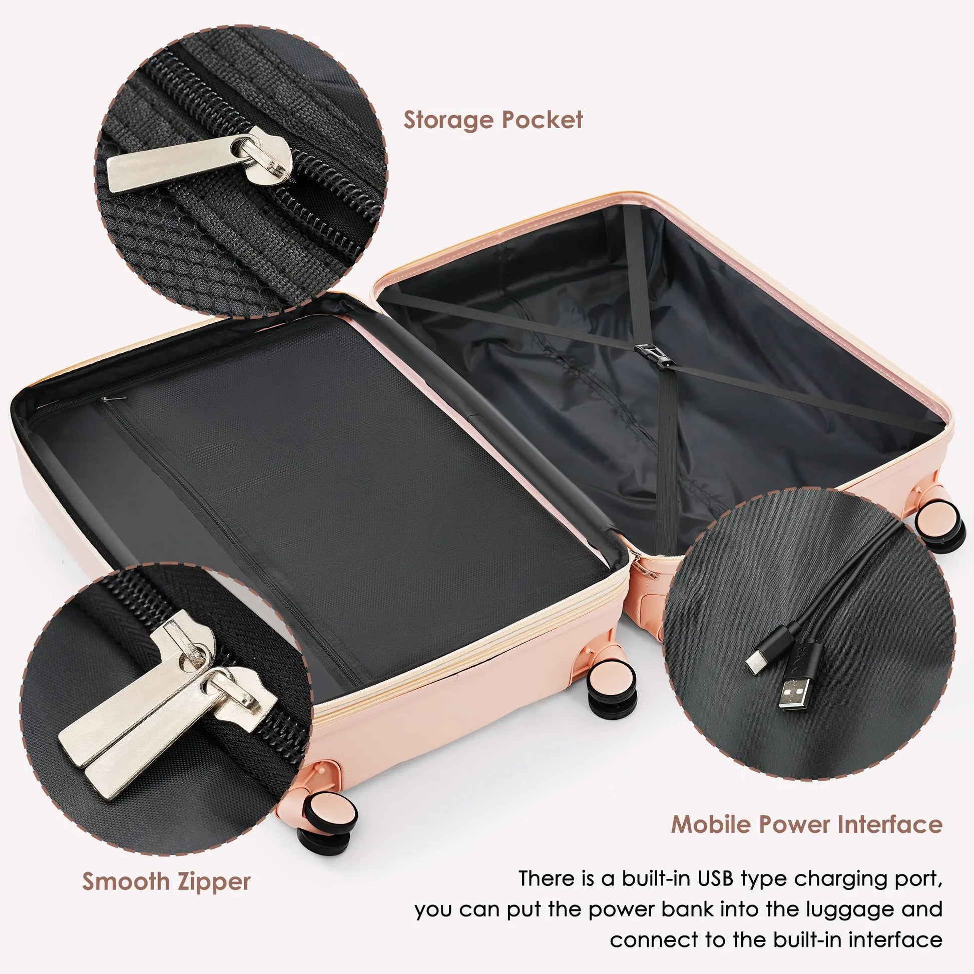 3-piece luggage set, 20 inches, ABS hard shell luggage with USB port and cup holder rotating wheel, pink color eprolo