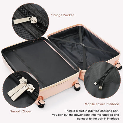 3-piece luggage set, 20 inches, ABS hard shell luggage with USB port and cup holder rotating wheel, pink color eprolo