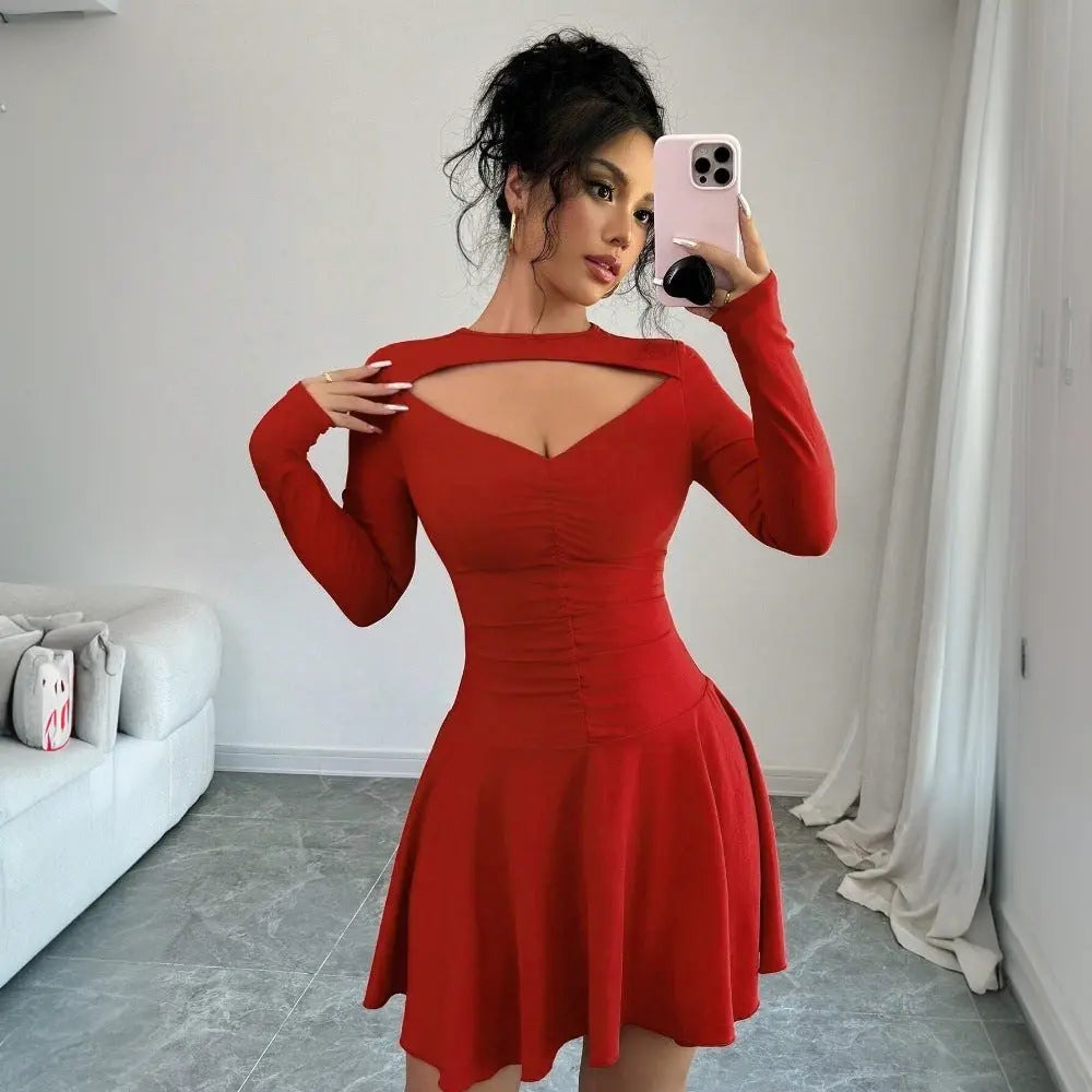 Autumn and winter European and American sexy red dress with waist cinched hollow A-line short skirt eprolo