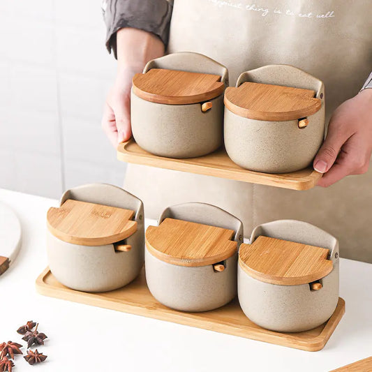 Japanese Ceramic Bamboo and Wood Lid Seasoning Jar Seasoning Box Kitchen Seasoning Storage Jar Salt Sugar Jar Set eprolo