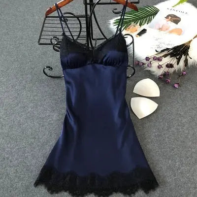 Women's Sexy Lingerie Silk Nightgown Summer Dress Lace Night Dress Sleepwear Babydoll Nightie Satin Homewear Chest Pad Nightwear eprolo