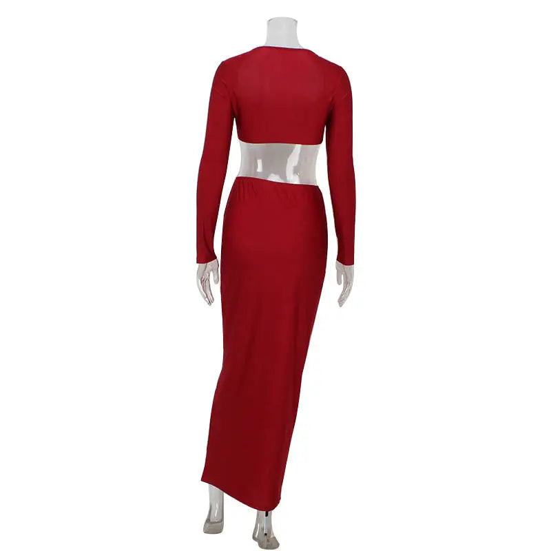 European and American long sleeved long skirt set, strapless short top, high waist, hip hugging skirt, sexy and spicy two-piece set eprolo