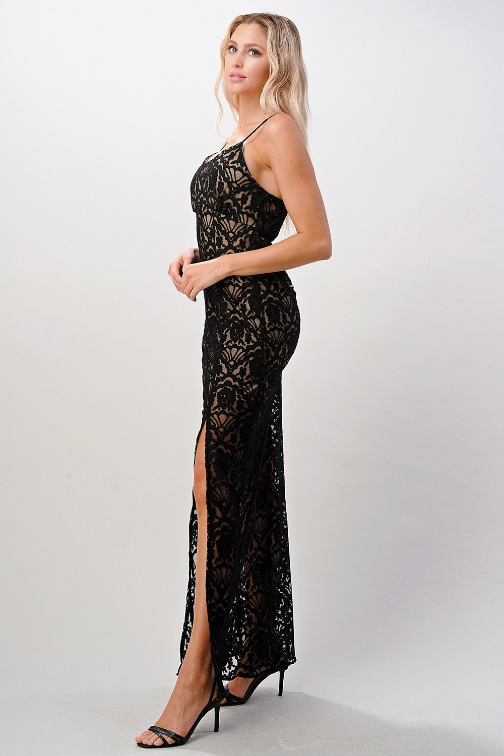 Elegant Black Lace Maxi Dress with Side Slit - My Store Women's Clothing 